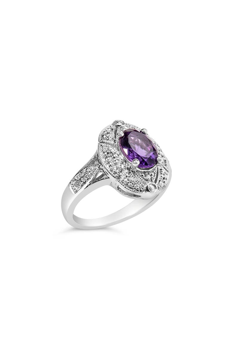 Silver 9x7mm Oval Purple Amethyst and Diamond Accent Cocktail Ring, Alternate, color, White