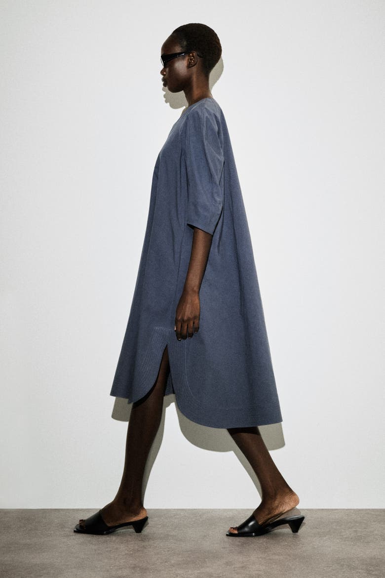 Rounded V-Neck Cotton Midi Dress, Alternate, color, BLUE