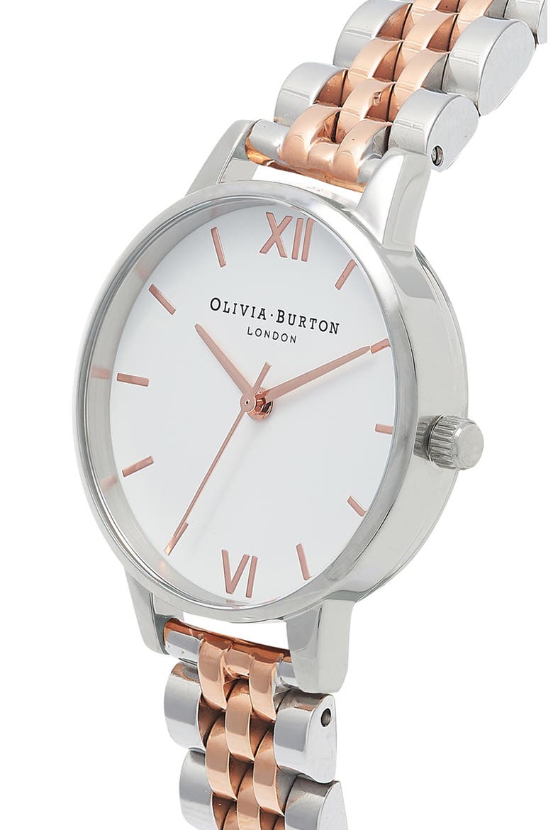 Midi Round Bracelet Watch, 30mm, Alternate, color, SILVER/ WHITE/ ROSE GOLD