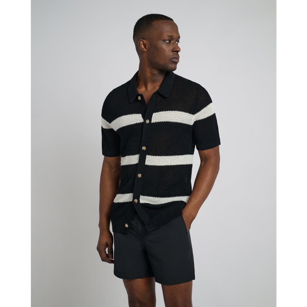 Onia Linen Short Sleeve Button Up Sweater In Black/egret