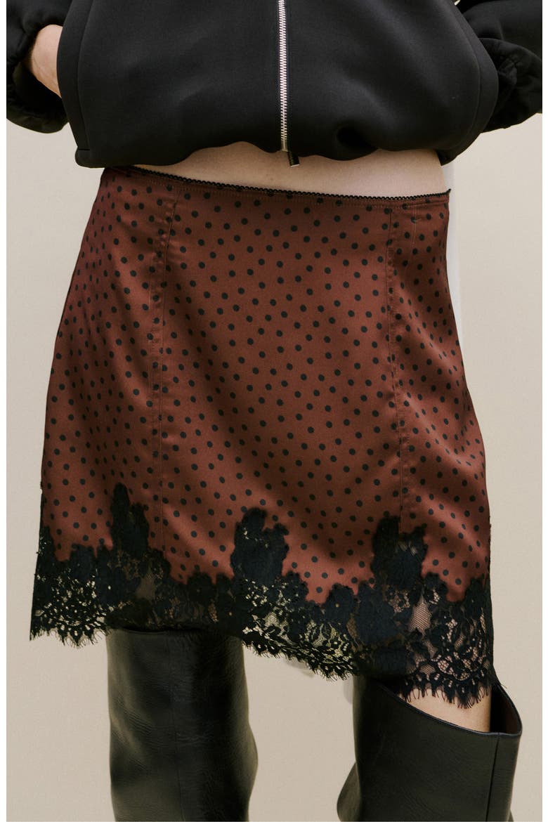 Polka Dot Lace Trim Satin Skirt, Main, color, BROWN