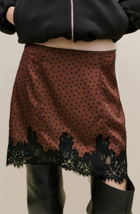 Polka Dot Lace Trim Satin Skirt