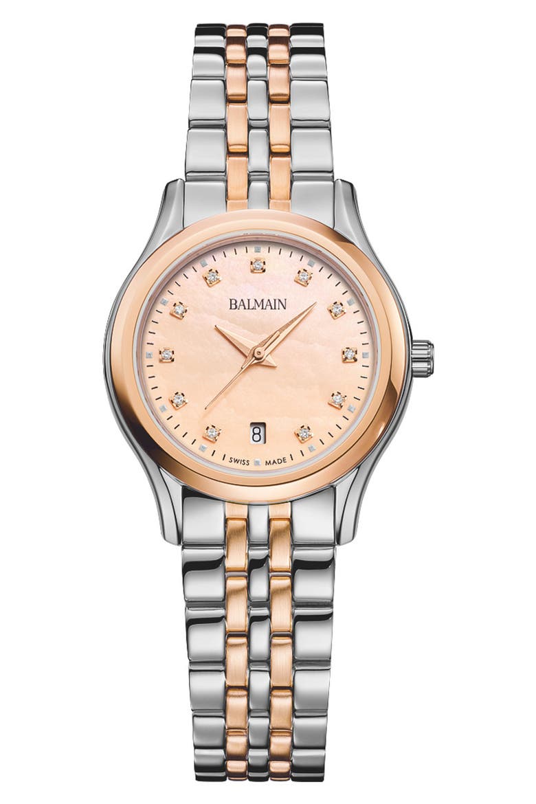 Beleganza Diamond & Mother-of-Pearl Bracelet Watch, 27.5mm, Main, color, BICOLOR STAINLESS STEEL AND R