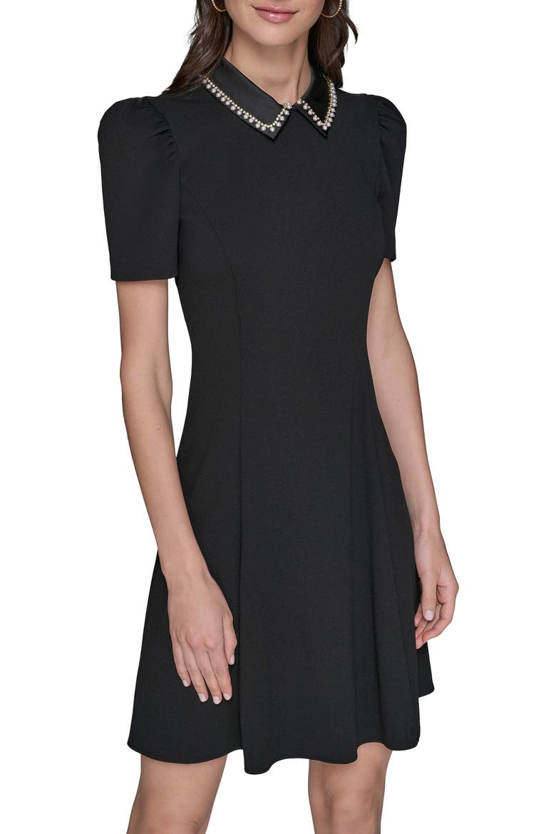 Faux Pearl Detail Crepe Fit & Flare Minidress, Alternate, color, BLACK