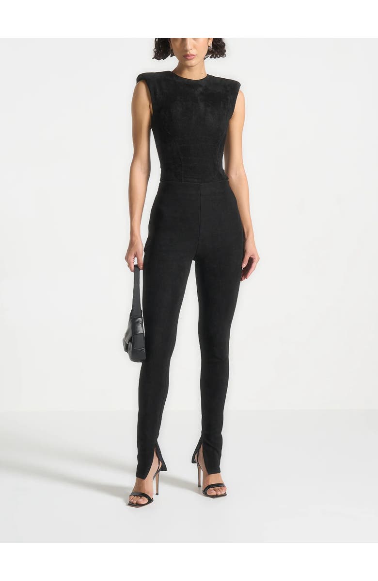 Manière De Voir Wide Shoulder Suede Bodysuit, Alternate, color, Black