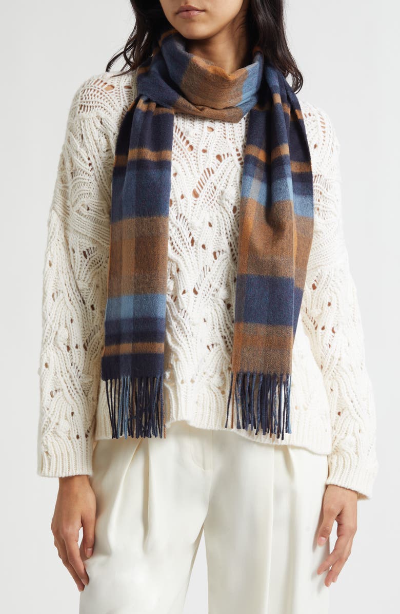 Johnstons of Elgin Deco Block Check Cashmere Fringe Scarf, Alternate, color, Vcn Nvy Ru7637