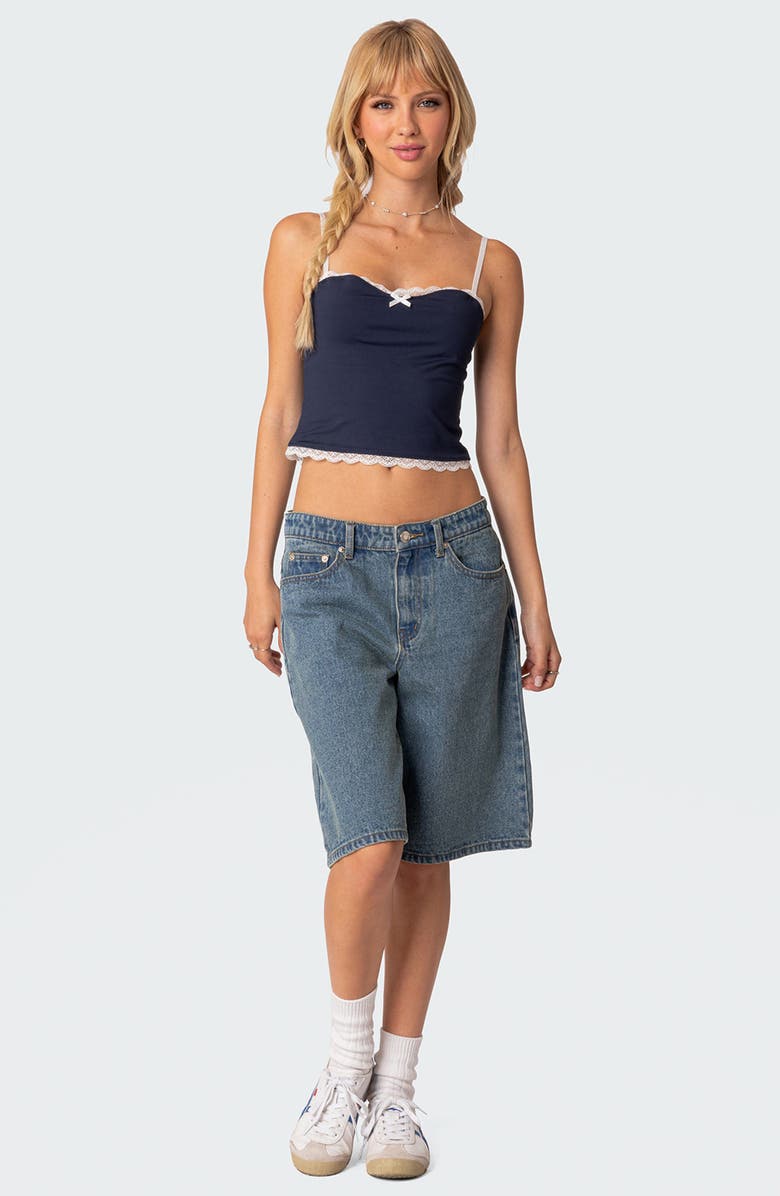 EDIKTED Alara Lace Trim Crop Camisole, Alternate, color, Navy