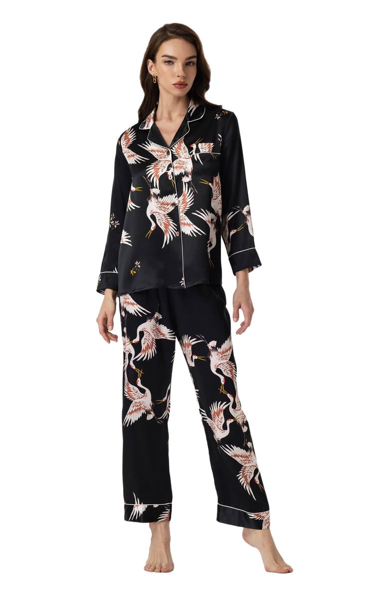 SILKSILKY 19Momme Silk Printed Women's Pajama Set with Classic Binding Trim, Alternate, color, 