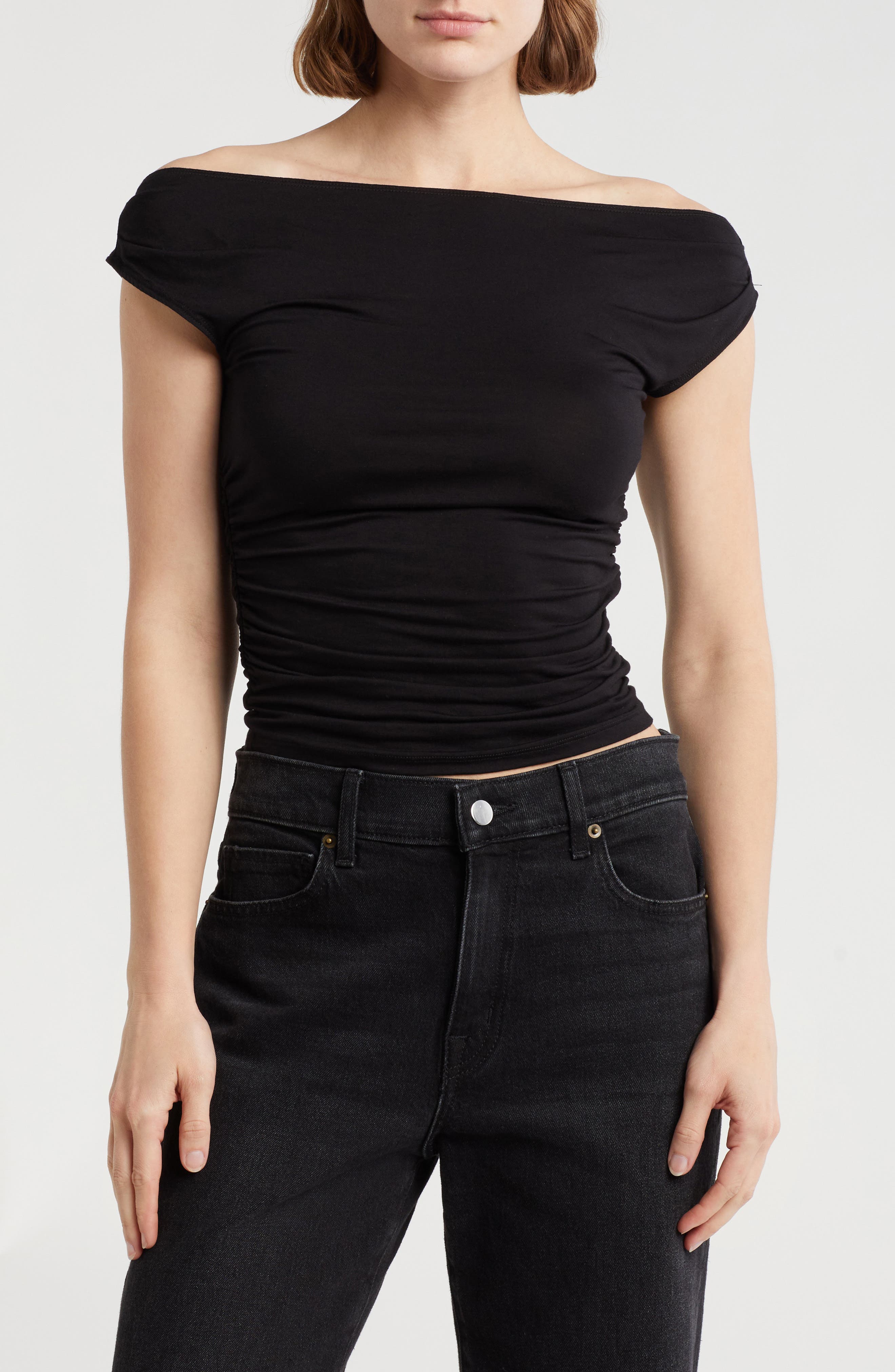 Elodie Off the Shoulder Cap Sleeve Ruched Top