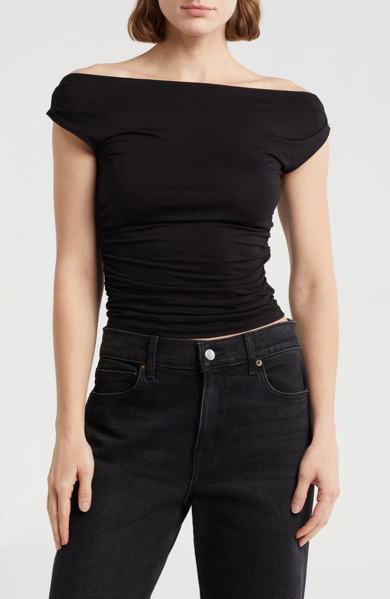 Elodie Off the Shoulder Cap Sleeve Ruched Top, Main, color, Black