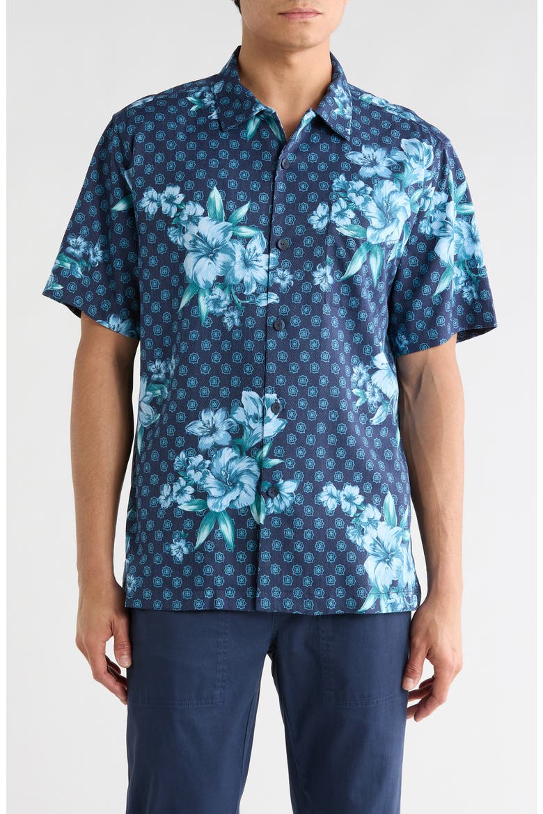 Medallion Blooms Short Sleeve Silk Button-Up Shirt, Main, color, MAJOLICA BLUE