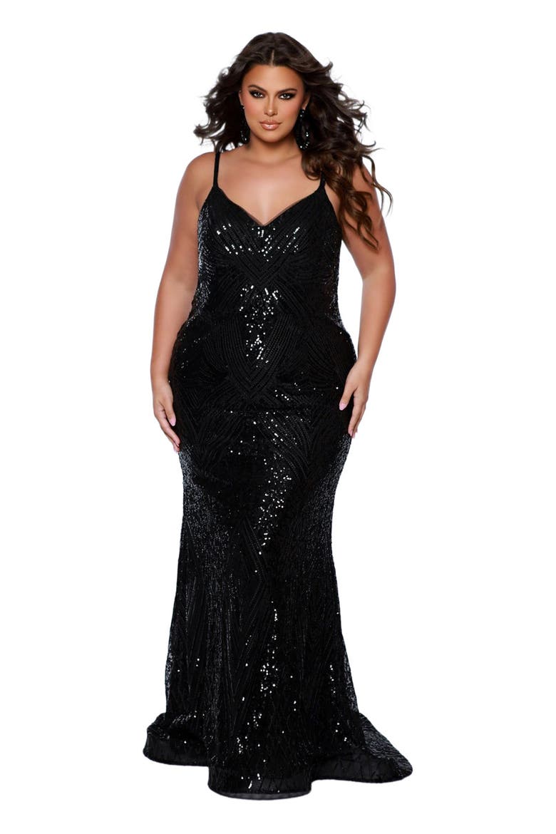 Fitted V-neck Spaghetti Strap Plus Size Evening Gown, Main, color, Onyx
