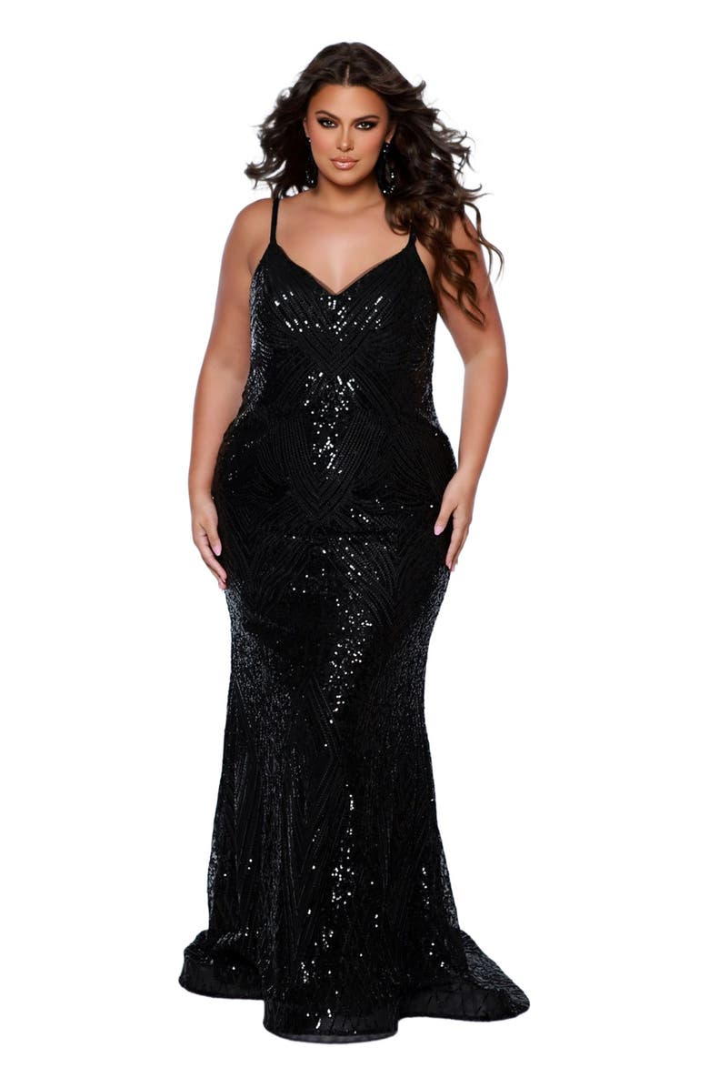Sydney's Closet Fitted V-neck Spaghetti Strap Plus Size Evening Gown, Main, color,