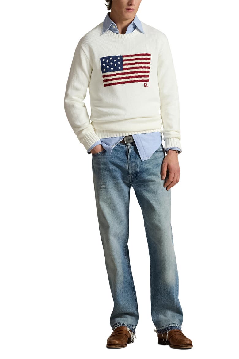 Intarsia Flag Cotton Crewneck Sweater, Alternate, color, WHITE