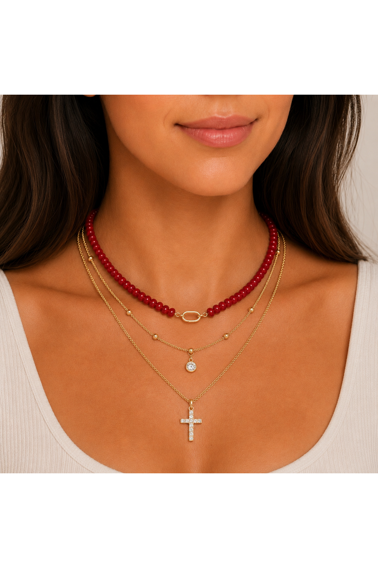 Red Beaded Gold-Tone Link Necklace, Alternate, color, Red