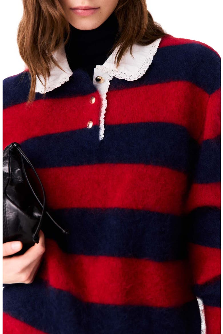 Fluffy sweater with poplin collar, Alternate, color, Navy/red