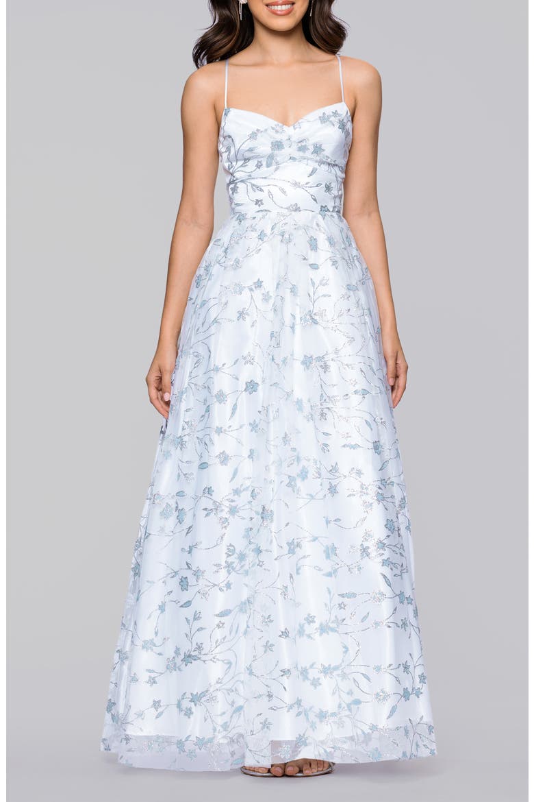 Glitter Floral Sleeveless Gown, Main, color, IVORY/ PERIWINKLE