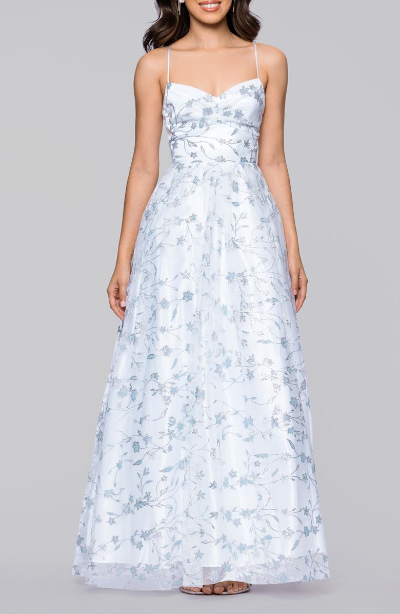 Blondie Nites Glitter Floral Sleeveless Gown, Main, color, Ivory/ Periwinkle