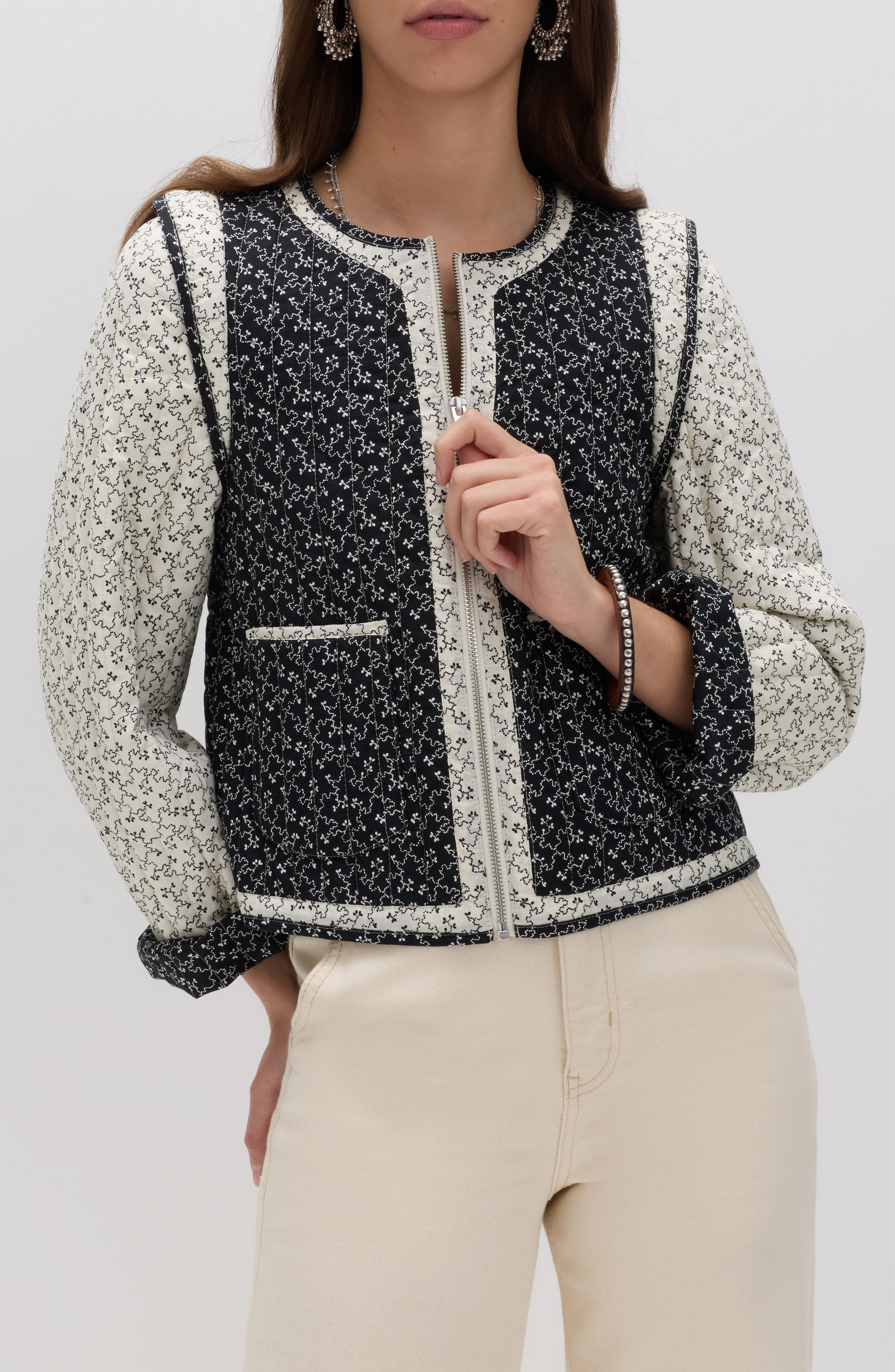 Mono Print Quilted Crop Jacket