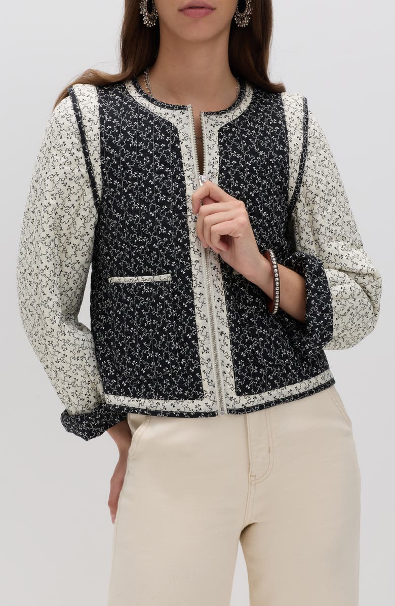 PER UNA BY M&S Mono Print Quilted Crop Jacket, Main, color, Ecru Brown/ Multi