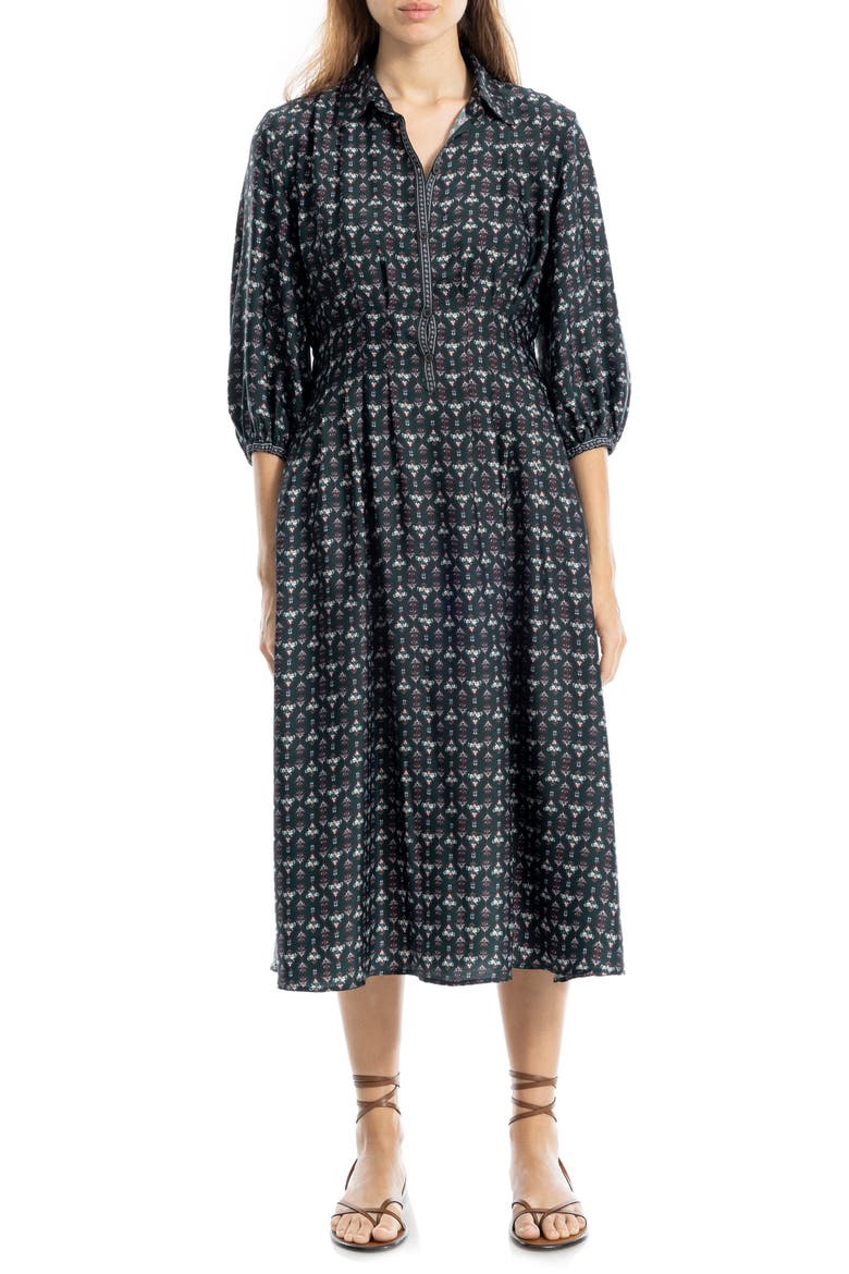 Three-Quarter Sleeve Midi Shirtdress, Main, color, NAVY MULTI