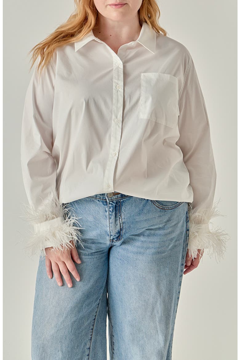 Faux Feather Trim Pointed Collar Shirt, Main, color, WHITE