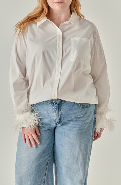 Faux Feather Trim Pointed Collar Shirt
