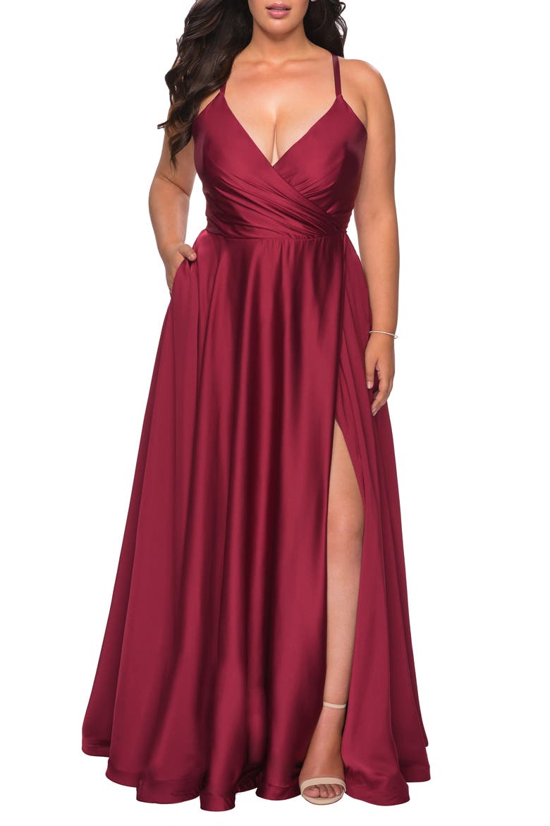 Satin A-line Plus Dress with Lace Up Back and Pockets, Main, color, WINE