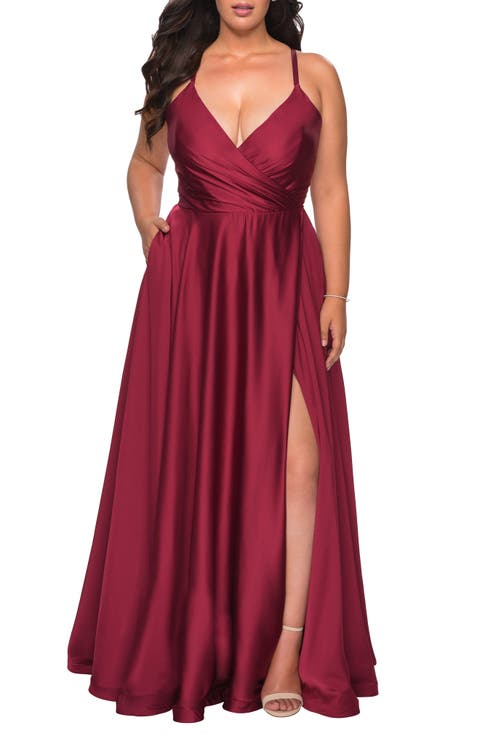 Satin A-line Plus Dress with Lace Up Back and Pockets