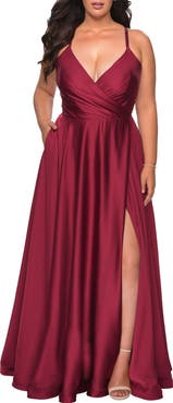 La Femme Satin A-line Plus Dress with Lace Up Back and Pockets