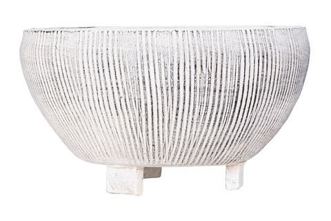 Round Terra-cotta Footed Planter with Textured Stripes, Grey