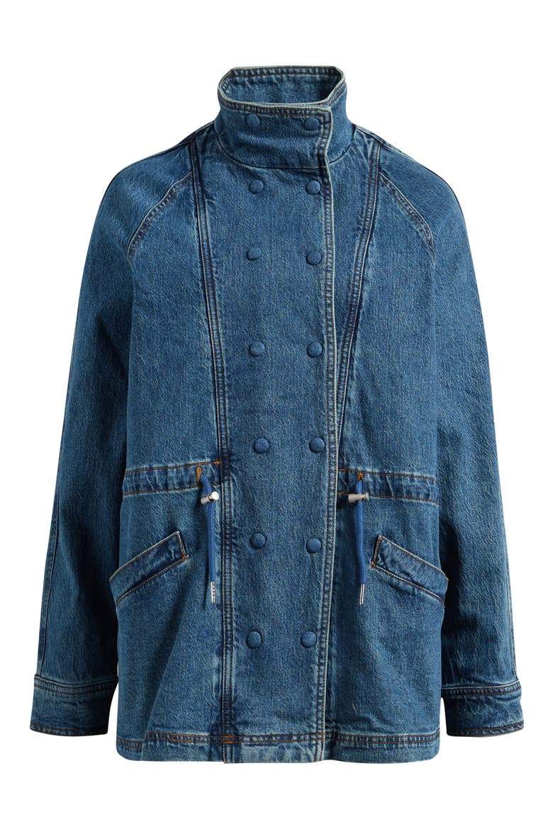 Double Breasted Stretch Denim Jacket with Bib Inset, Alternate, color, DUSTY BLUE WASH