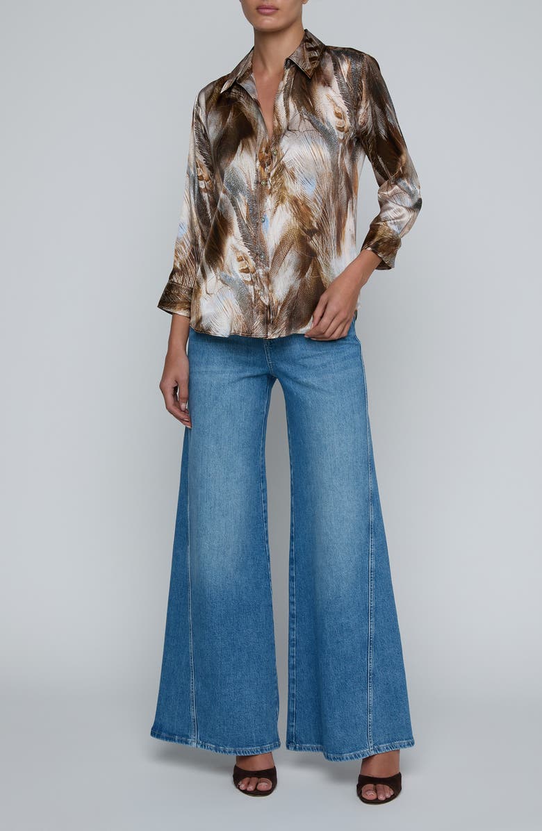 L'AGENCE Dani Feather Print Three-Quarter Sleeve Silk Button-Up Shirt, Alternate, color, Neutral/ Brown Mix Feather