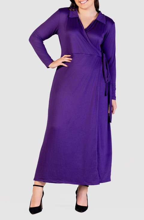 Collared Long Sleeve Wrap Front Maxi Dress (Plus)