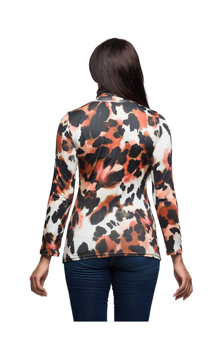 24seven Comfort Apparel Long Sleeve Turtleneck Top Animal Print, Alternate, color, Brown Multi