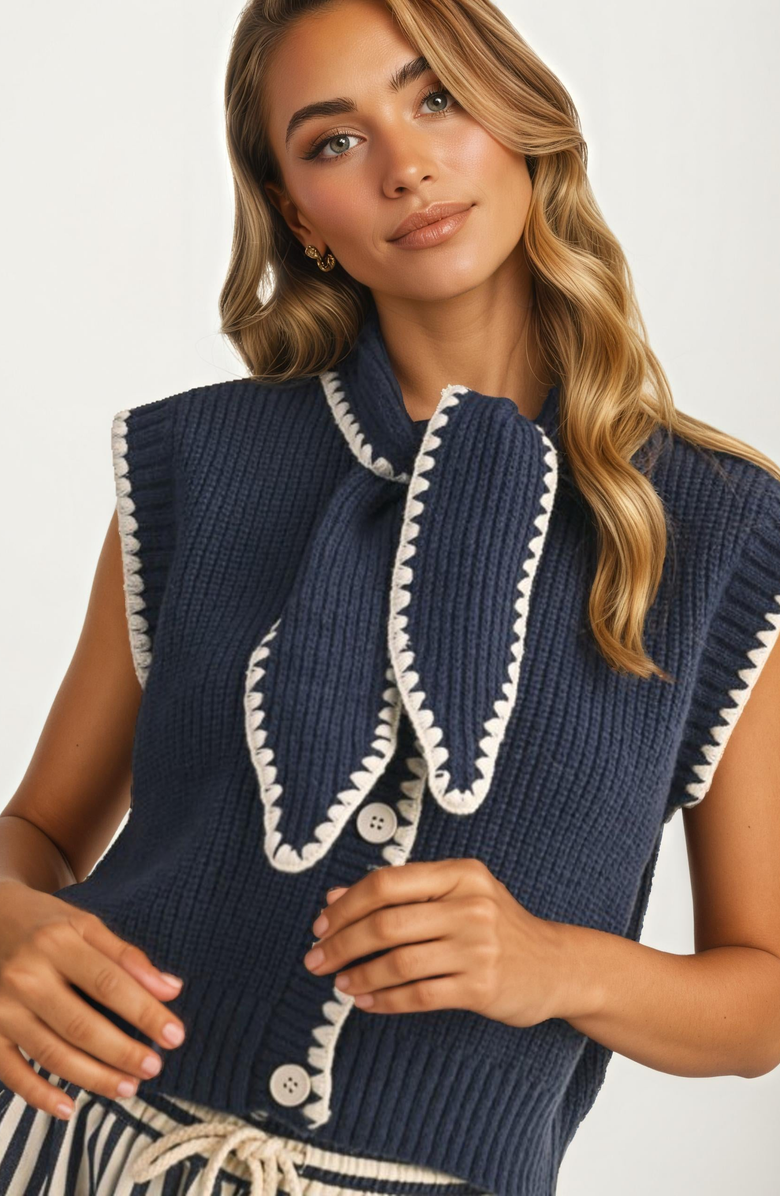 Knit and Lounge Sleeveless Knit Oversized Bow Collar Contrast Trim Vest, Alternate, color, Navy Blue