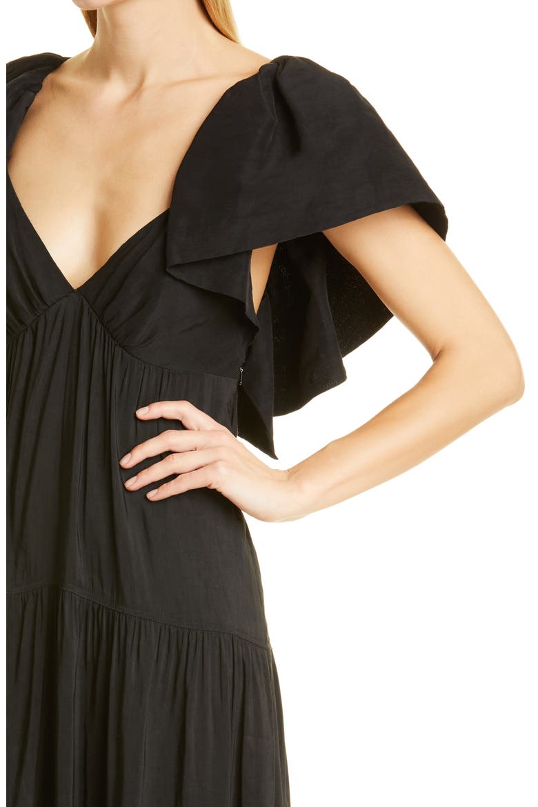 Ruffle Shoulder Open Back Linen Blend Midi Dress, Alternate, color, BLACK
