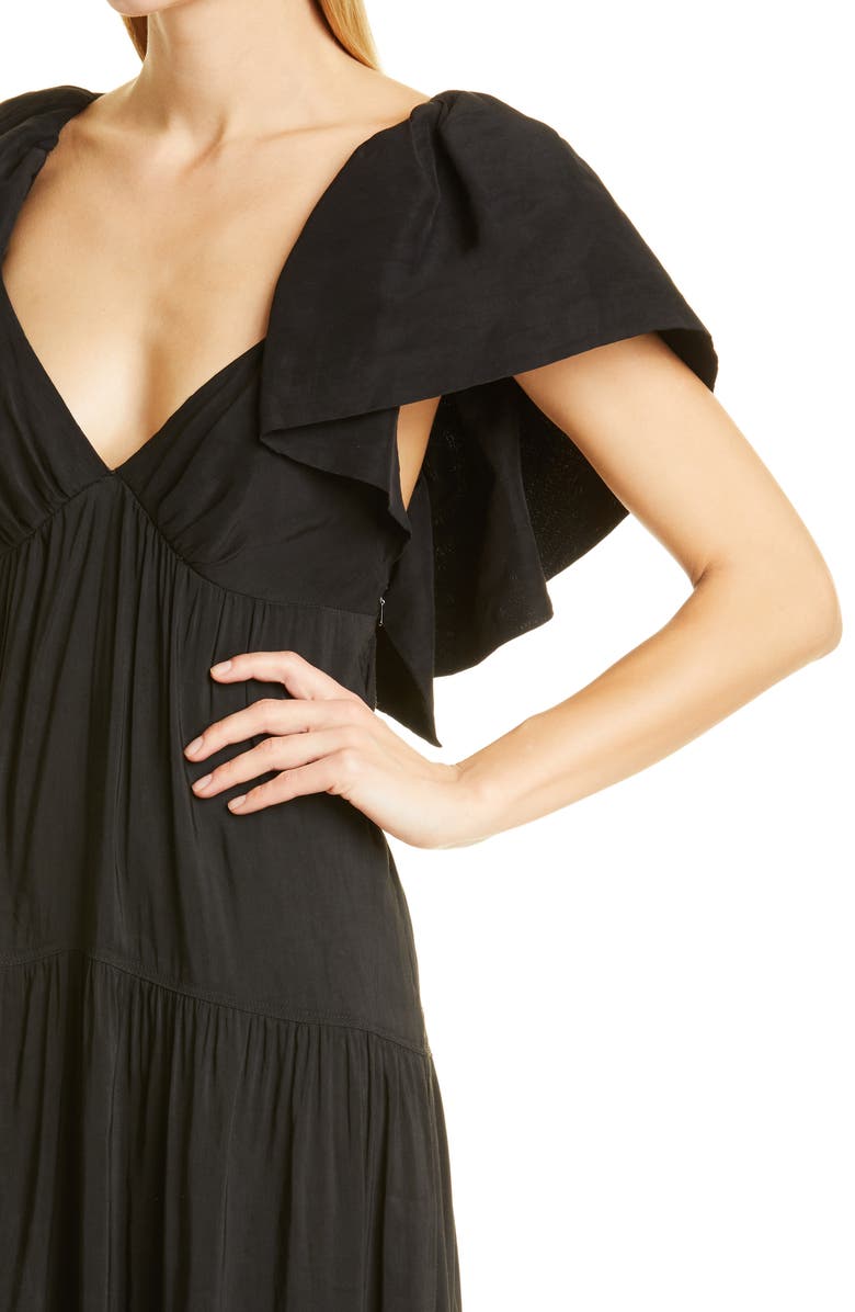 La Ligne Ruffle Shoulder Open Back Linen Blend Midi Dress, Alternate, color, 