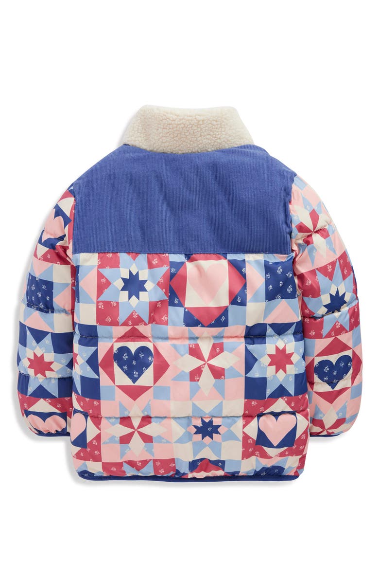 Mini Boden Kids' Cozy Mixed Media Puffer Jacket, Alternate, color, Heart Patchwork