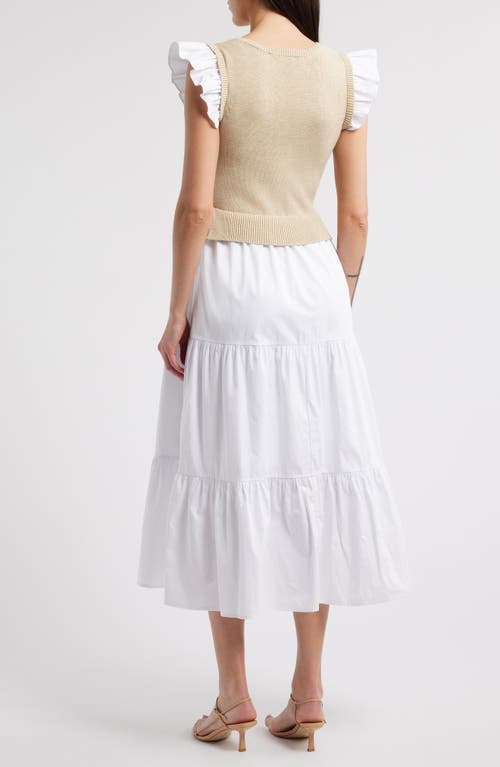 Zoe And Claire Mixed Media Tiered Cotton Poplin Dress In Khaki