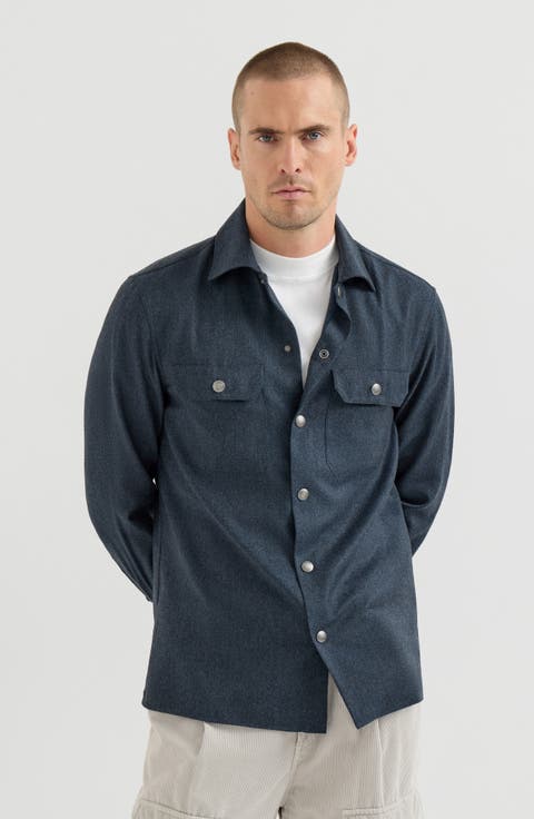 Virgin wool flannel overshirt with spread collar and chest pockets