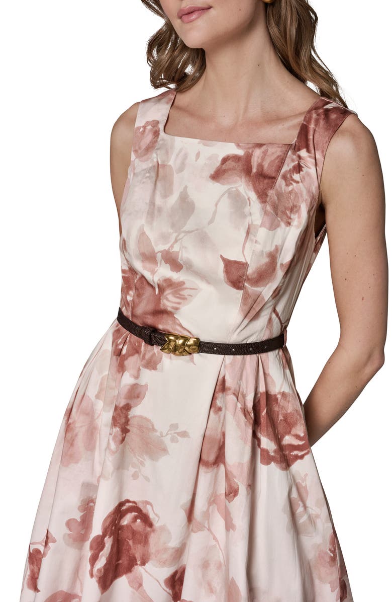 Donna Karan New York Floral Belted Stretch Cotton Dress, Alternate, color, Snow Petal Multi