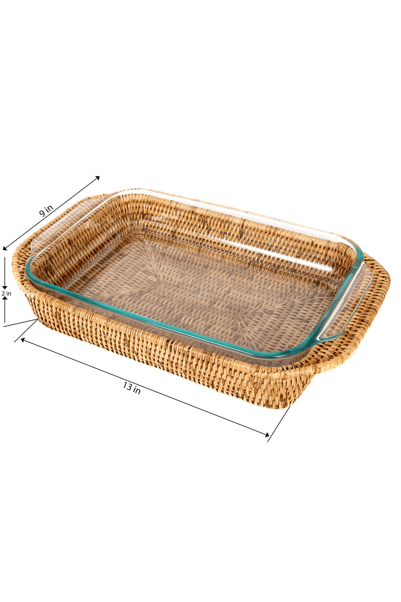Artifacts Rattan Rectangular Baker Basket with Pyrex - 13" Inches, Alternate, color, Honey Brown