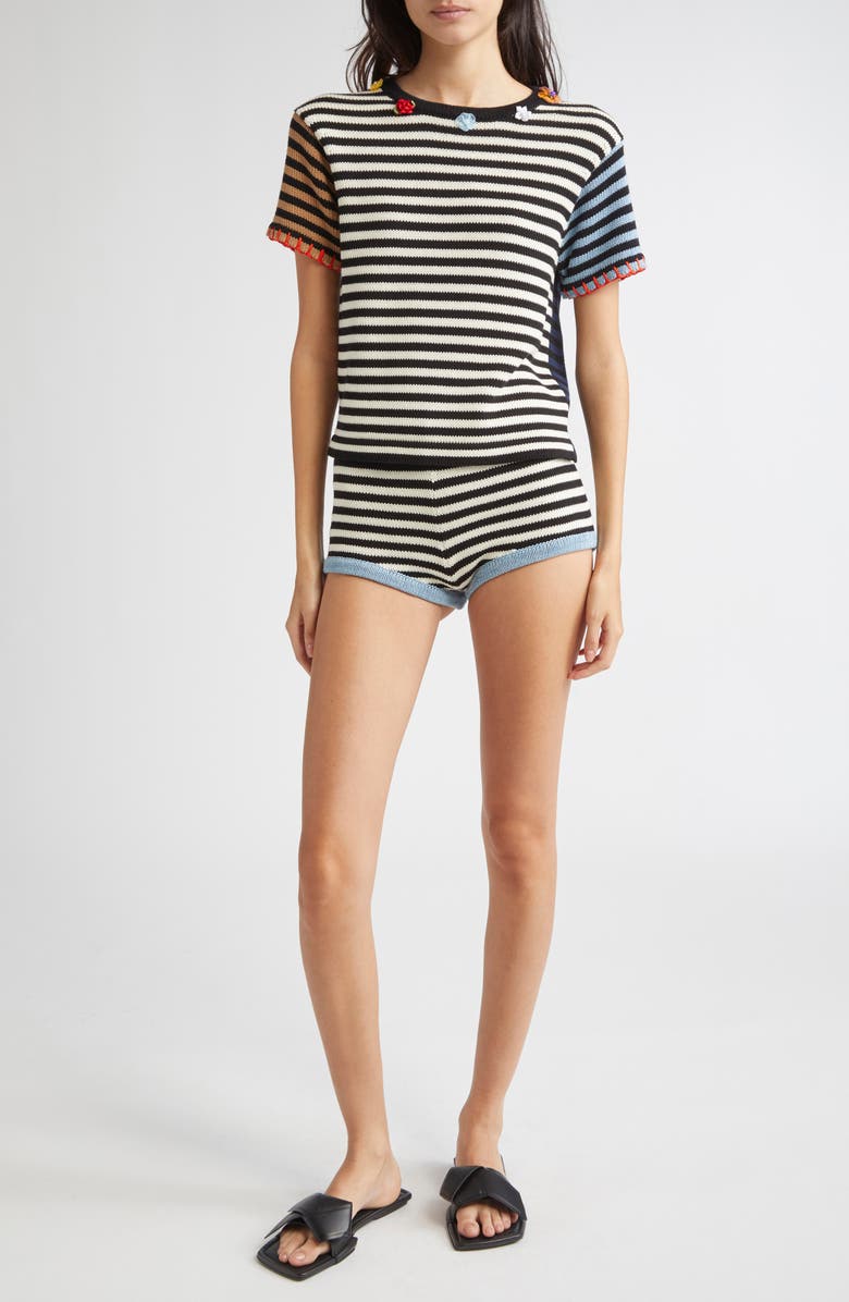 YanYan Bao Embellished Colorblock Stripe Cotton Crewneck T-Shirt, Alternate, color, Black/ White