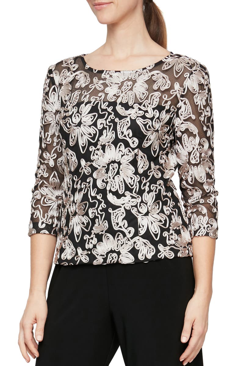 Alex Evenings Soutache Tulle Blouse, Alternate, color, Black/ White