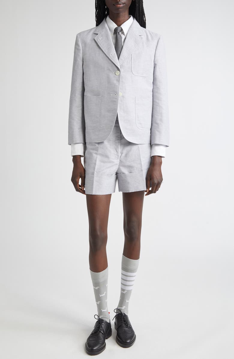 Thom Browne Stripe Linen & Cotton Sack Crop Blazer, Alternate, color, Light Grey