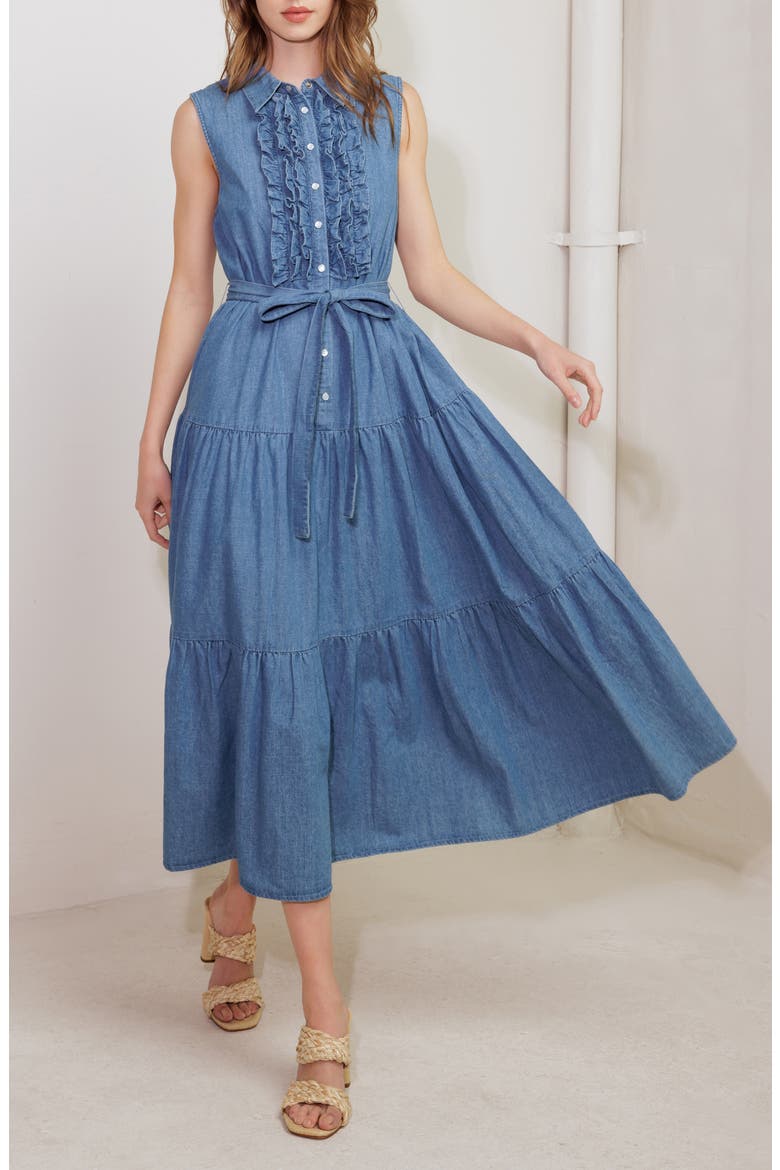 Ruffle Tiered Denim Shirtdress, Alternate, color, DENIM BLUE