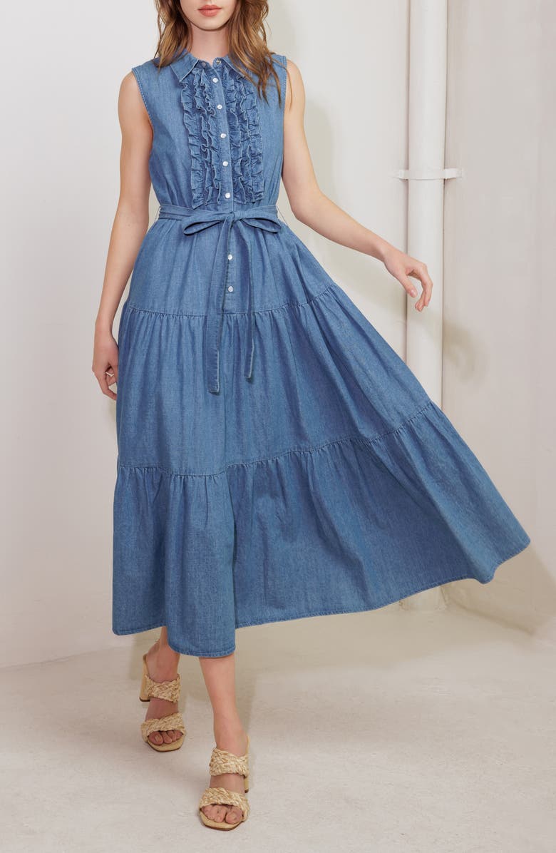 FREEMARKET Ruffle Tiered Denim Shirtdress, Alternate, color, Denim Blue