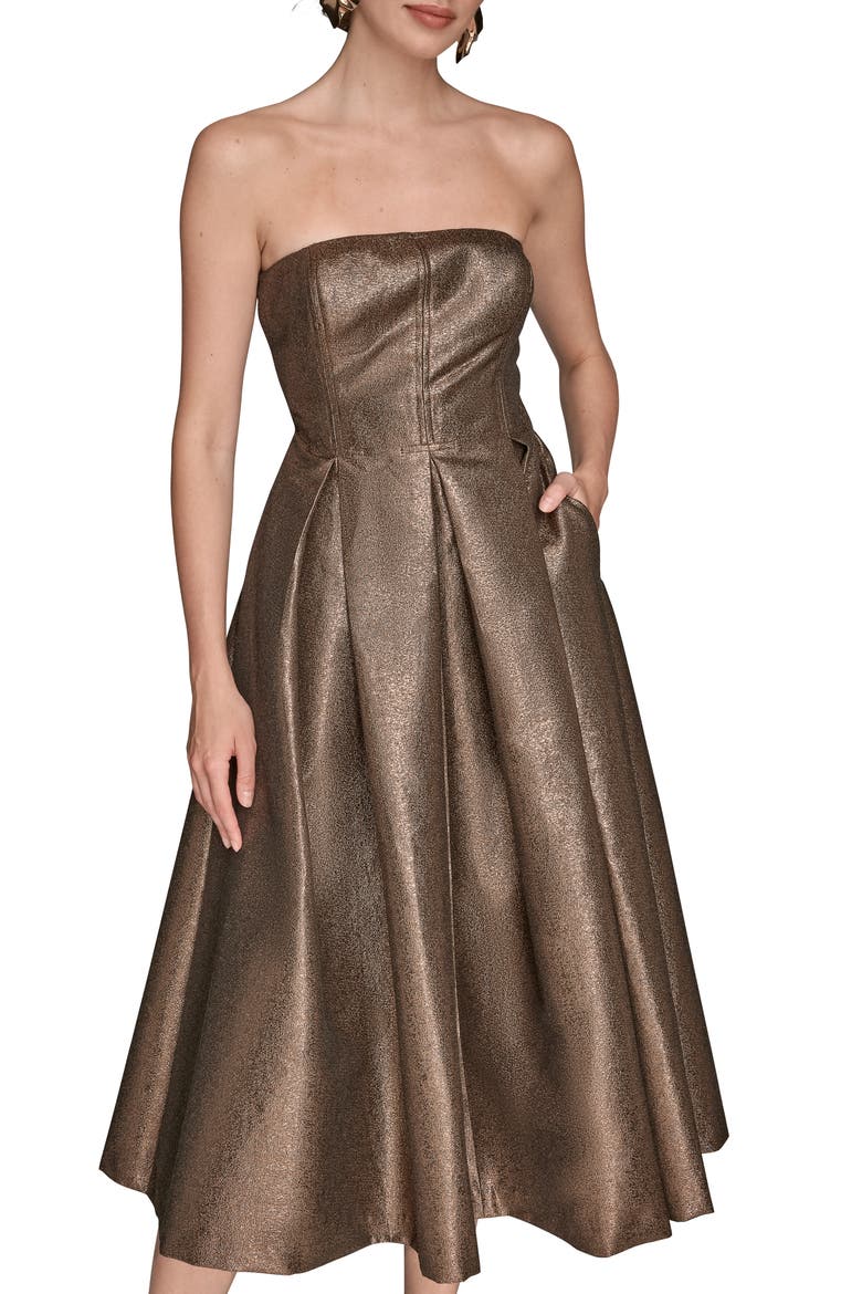 Metallic Pleated Strapless Fit & Flare Cocktail Dress, Alternate, color, VICUNA