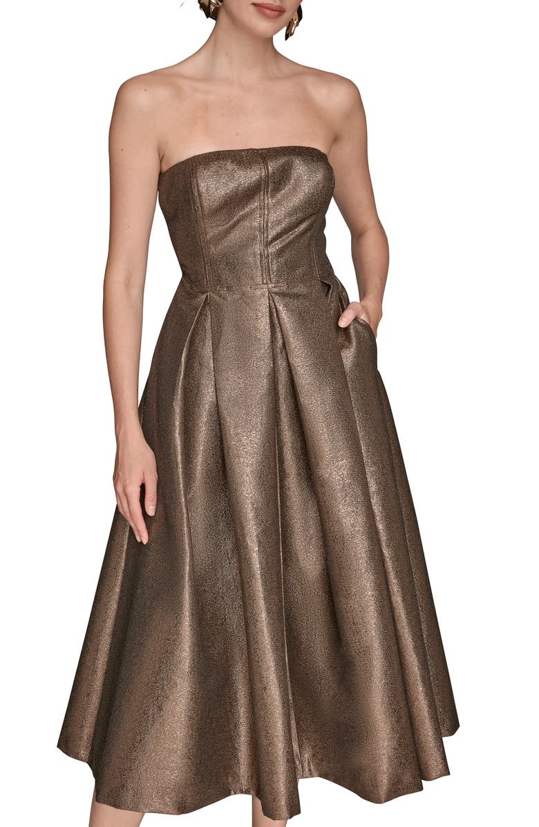 Donna Karan New York Metallic Pleated Strapless Fit & Flare Cocktail Dress, Alternate, color, Vicuna